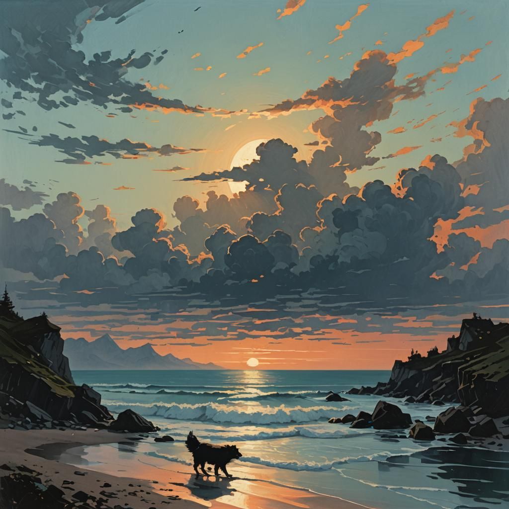 Lycanthrope at Dawn: Gouache Illustration by the Sea