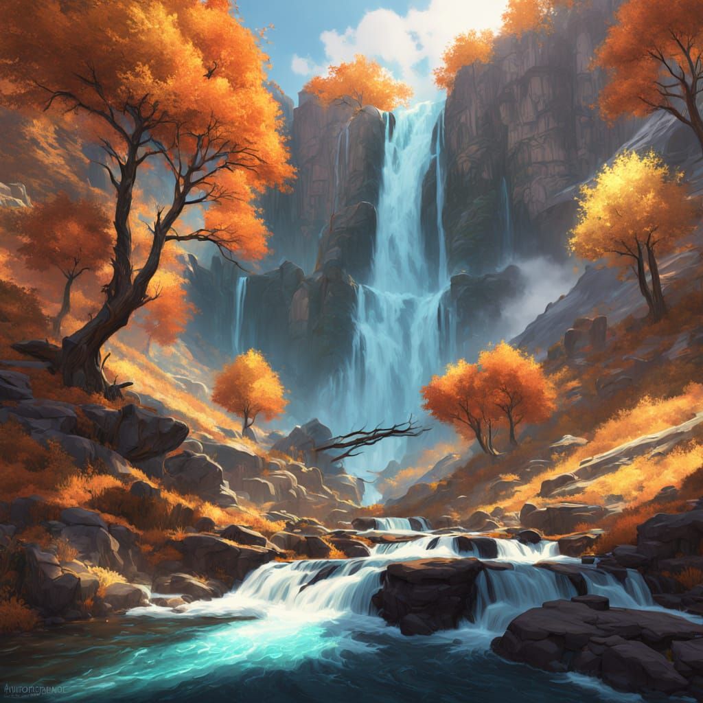 a waterfall in the mountains during autumn 50