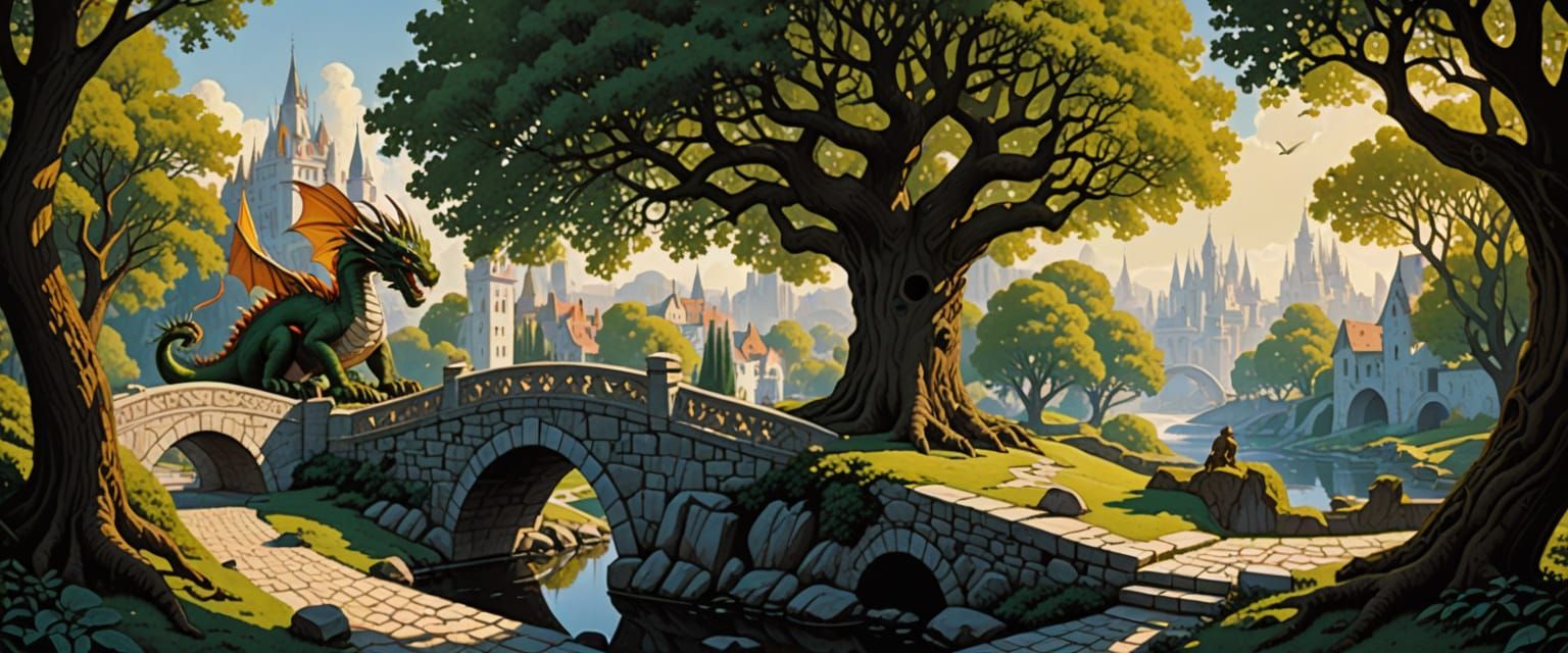 Fantasy Scene With White City, Stone Bridge, and Dragons