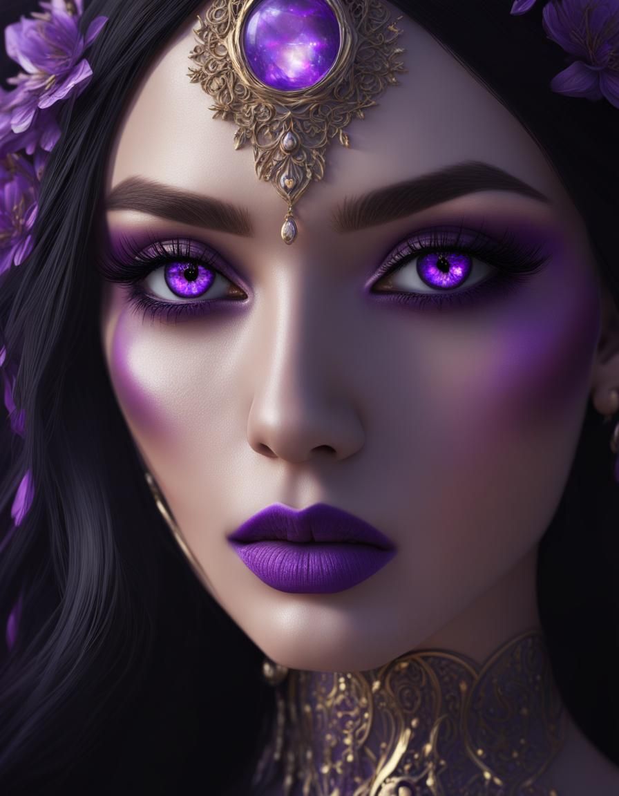 Angelic gothic beauty with long black hair and bright purple eyes with bright purple eyeshadow with black eyeliner and b...