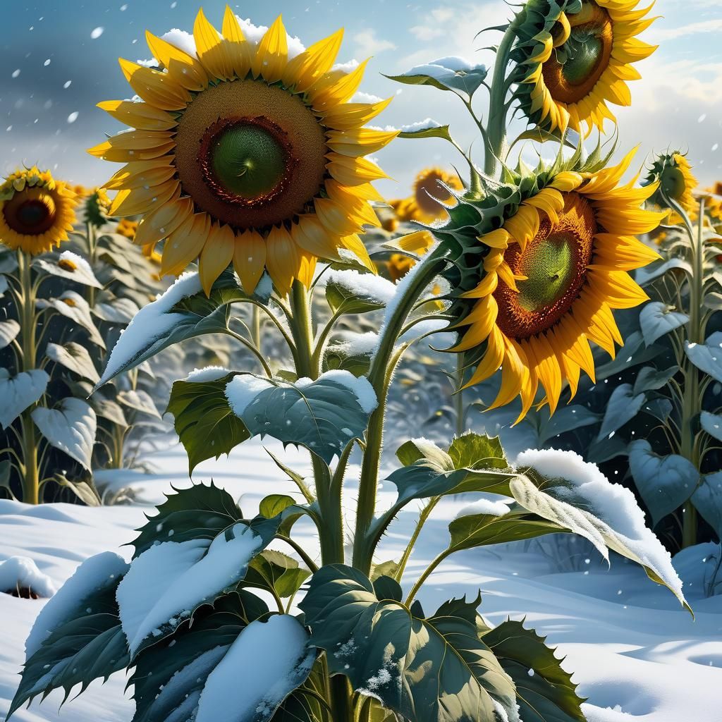 Snowy Sunflower Field: Detailed Matte Painting