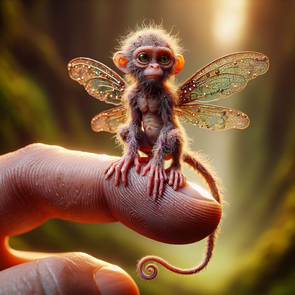 Monkey Fairy on Fingertip: Ultra-Photorealistic Macro Painti...