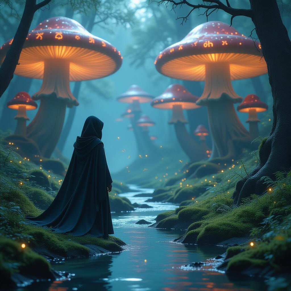 Bioluminescent Mushroom Grove with Mystical Woman