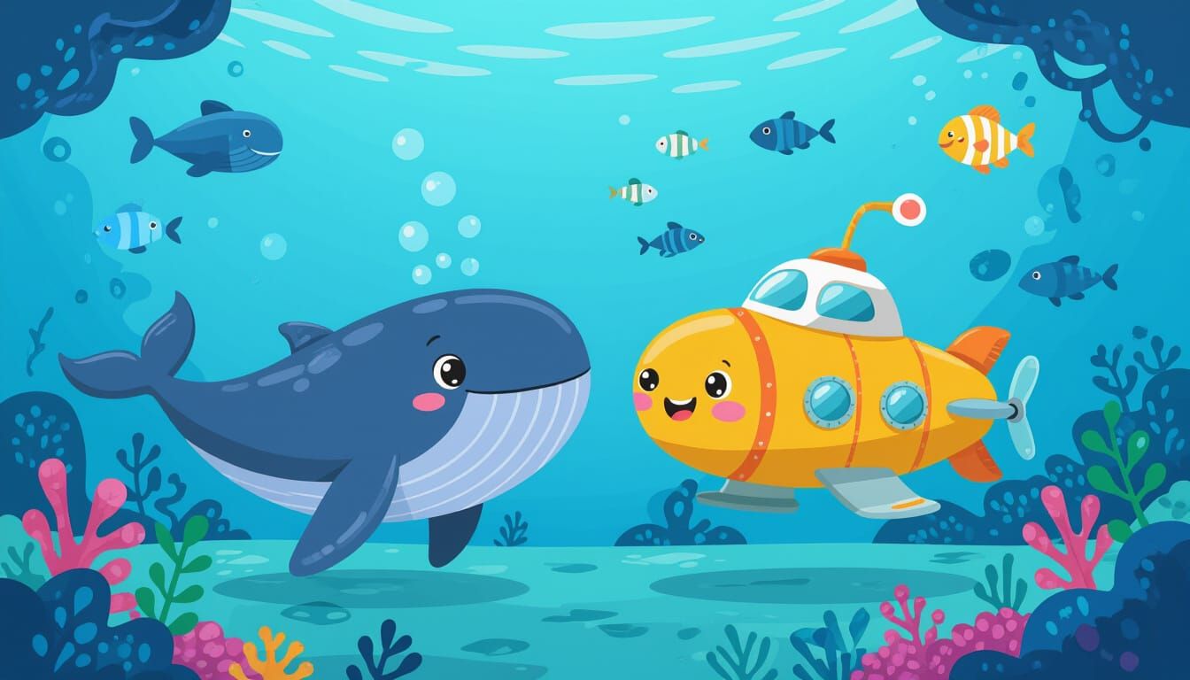 Whimsical Whale Meets Friendly Submarine Cartoon