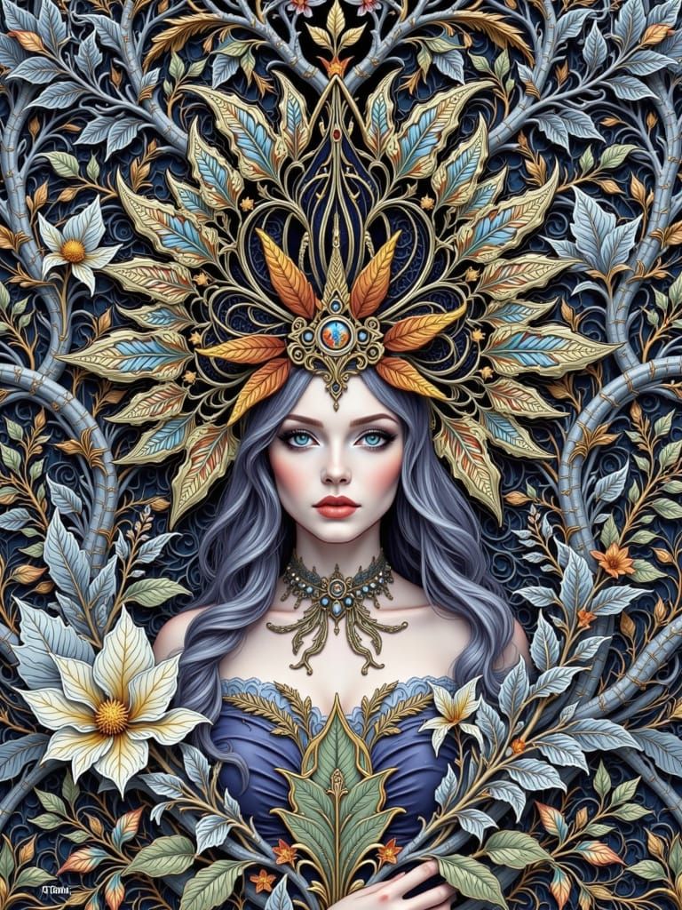 Leaves Goddess in Art Nouveau Forest 1900s Photograph Style