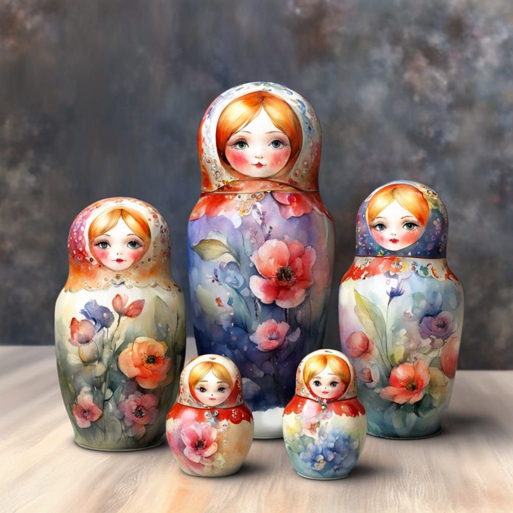 Beautiful Matryoshka Dolls in Whimsical Watercolour