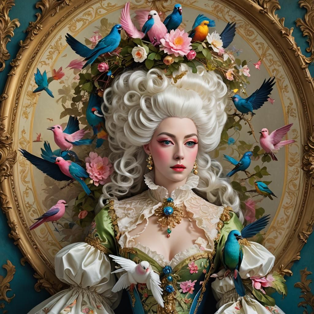 Baroque Woman with Birds and Musical Notes in Hair