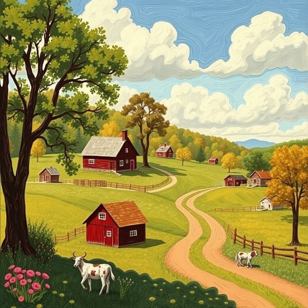 Naive Rural Landscape in Grandma Moses Style