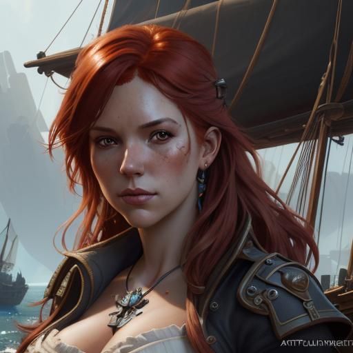 Redhead Pirate Wench Portrait in Hyperdetailed Style