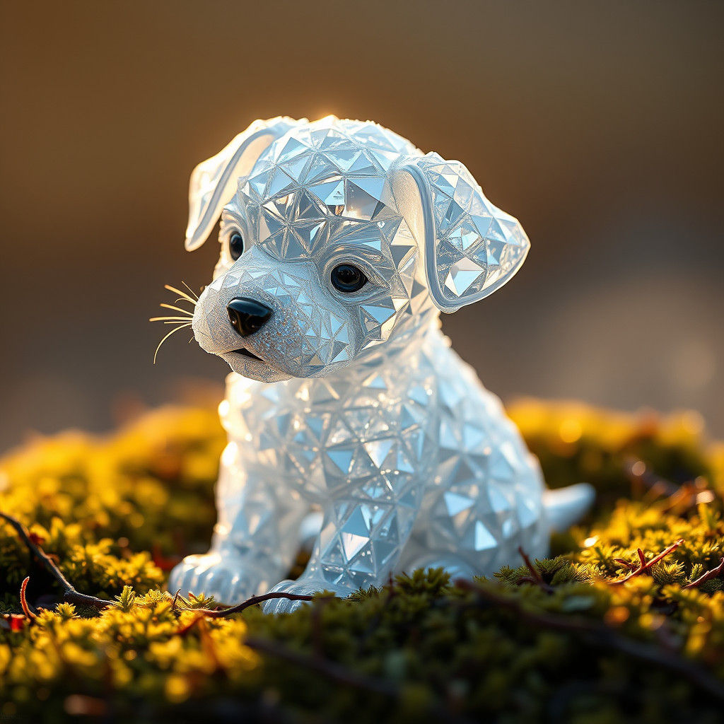 Sparkling Crystal Puppy on Moss Bed in Futuristic Style