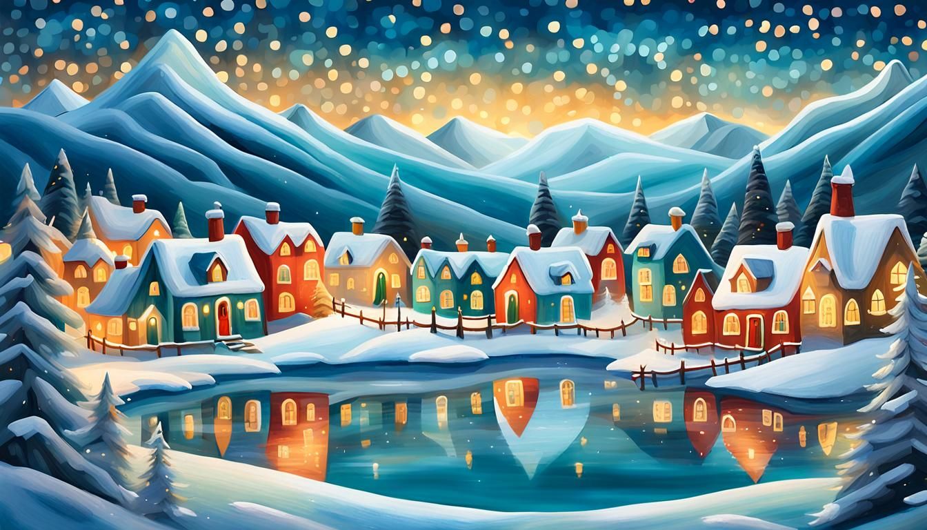Magical Christmas Village on Frozen Lake: Fantasy Landscape