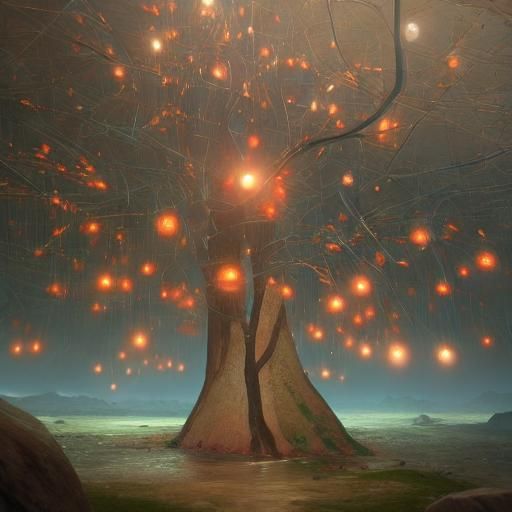 AI Tree Sings to Cosmic Orchestra, Hyperreal Art