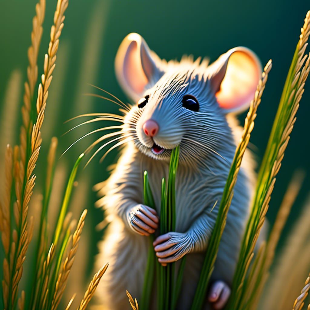 Detailed Pyrography Mouse Climbing on Wheat Reed