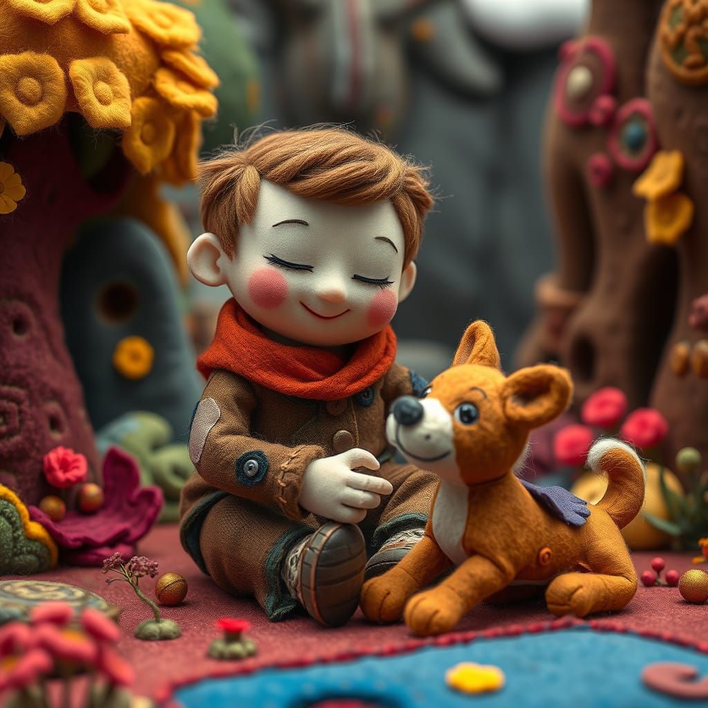 Felt Doll and Dog in Fantasy World