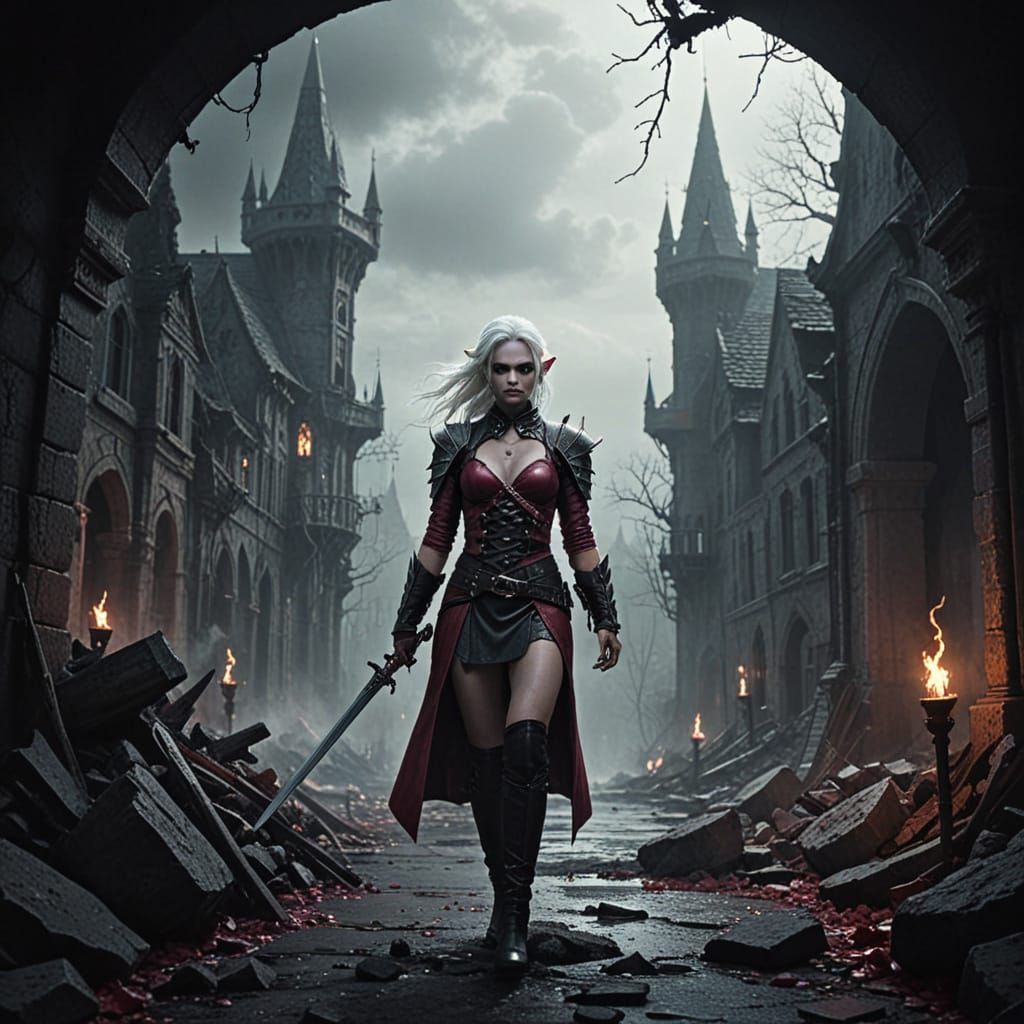 Drow Elf in Forgotten City: Dark Fantasy Art
