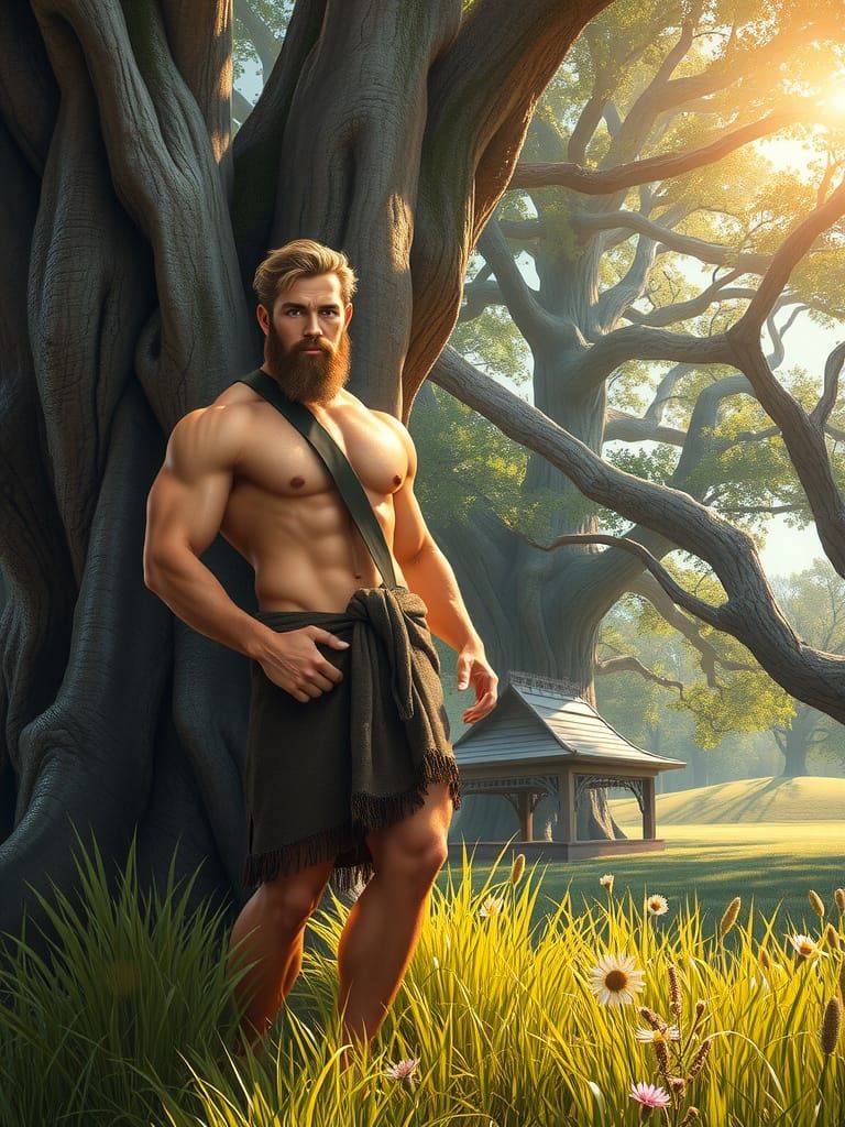 Hyperrealistic Man Beside Oak Tree in Meadow