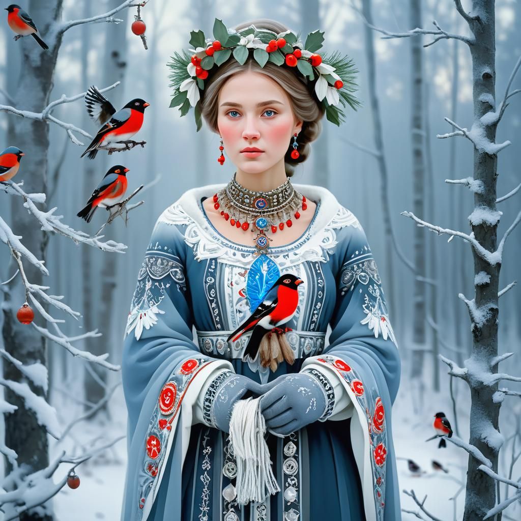 Slavic Renaissance Woman with Bullfinches in Snowy Forest