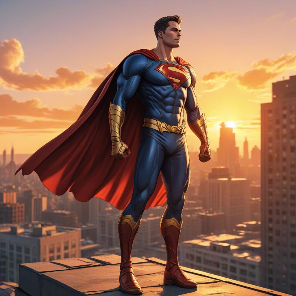 Superhero on Rooftop at Sunset in Comic Art
