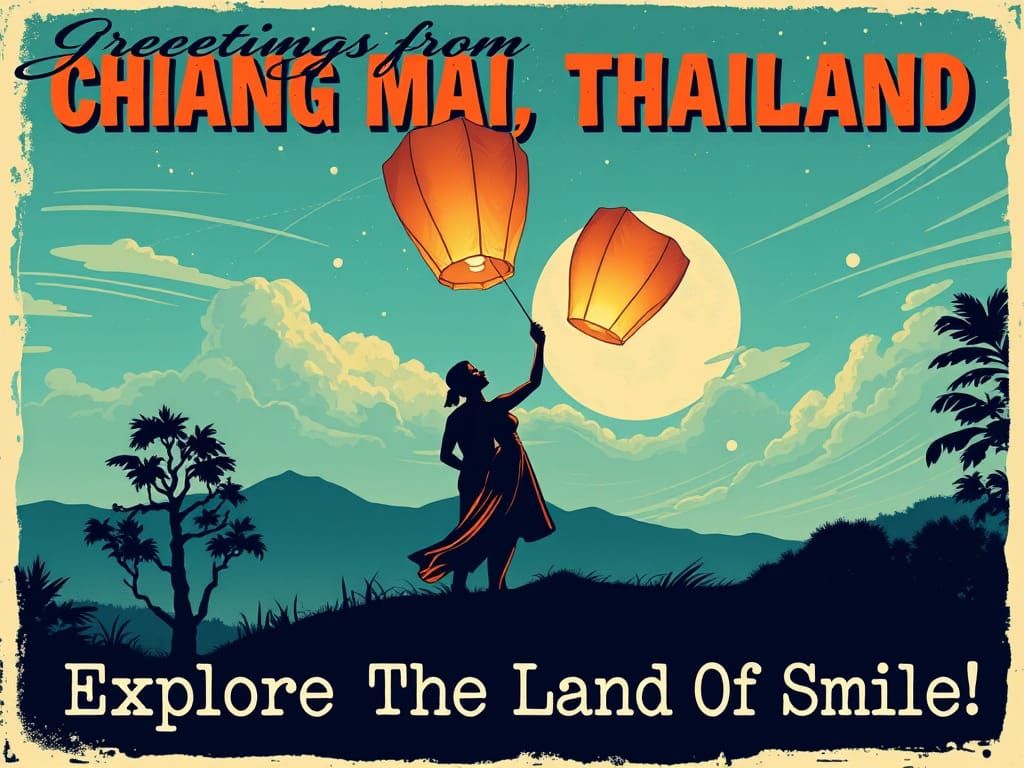 Chiang Mai Thailand Floating Lantern Vintage Illustration