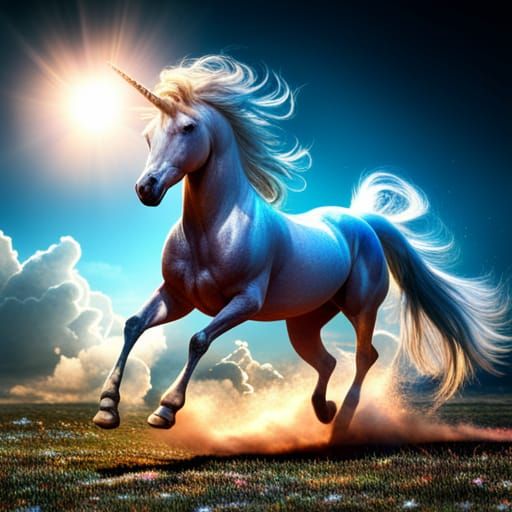 Iridescent Unicorn Running, Fantasy Photo in Cosmic Dust