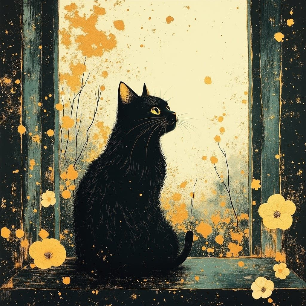 Cat with Green Eyes Watching Garden, Digital Art