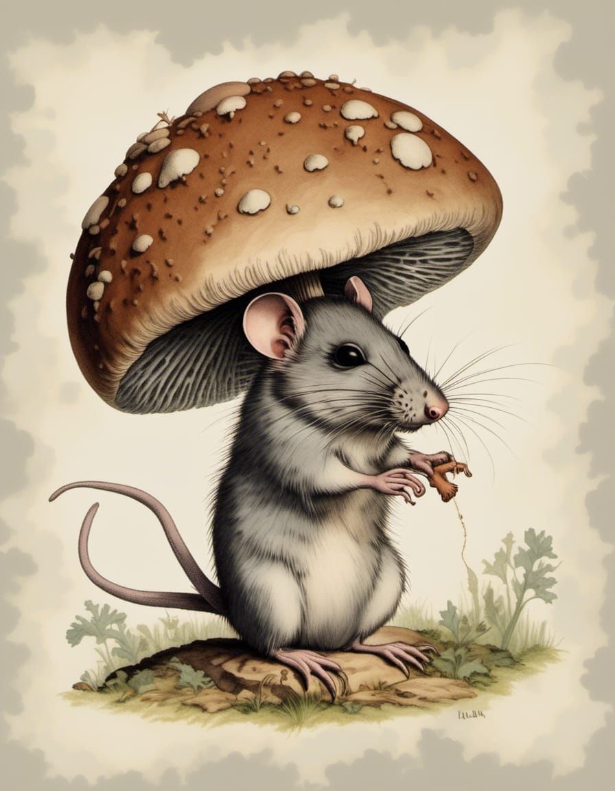 Cute Rat with Mushroom Hat, Whimsical Art