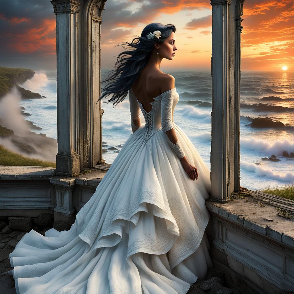 Melancholic Beauty Contemplates Tumultuous Ocean at Sunset