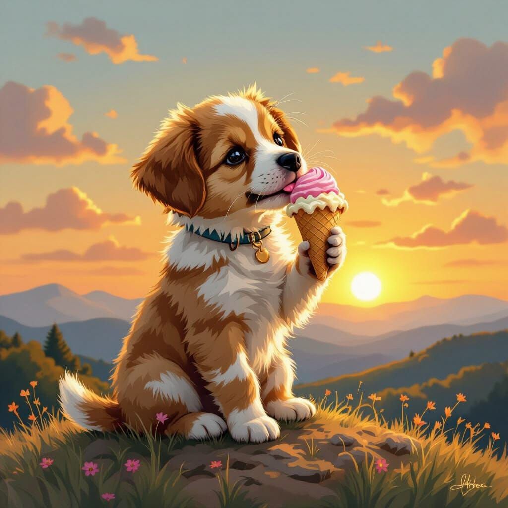 Puppy's Sweet Victory: Ice Cream at Sunset