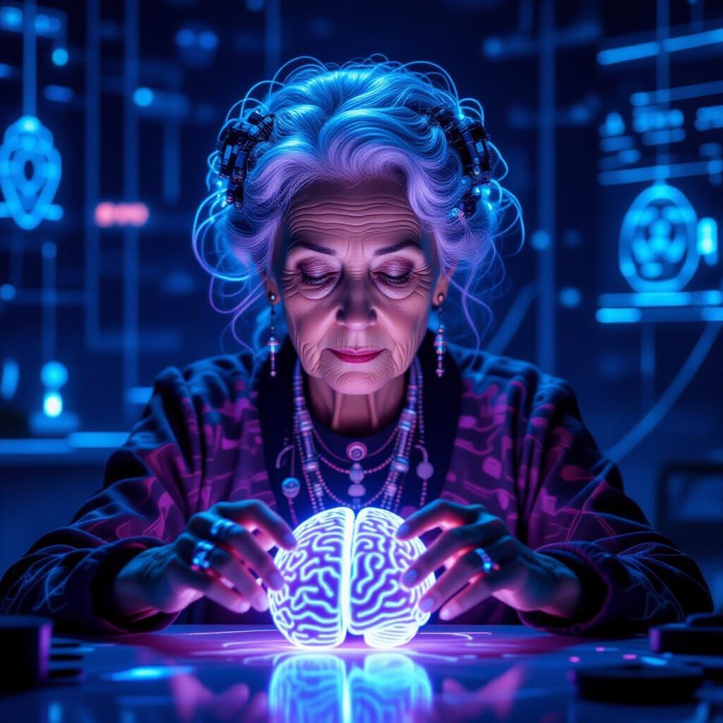 Elderly Woman Sculpting Energy Brain in Cyberpunk Style