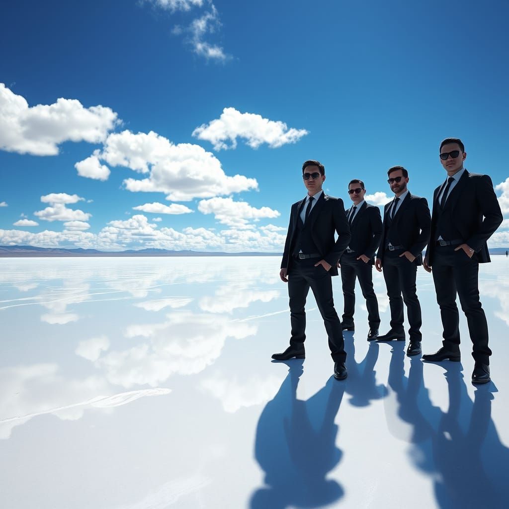 Men in Black Stand Tall on Bolivia's Salar de Uyuni in Cyber...