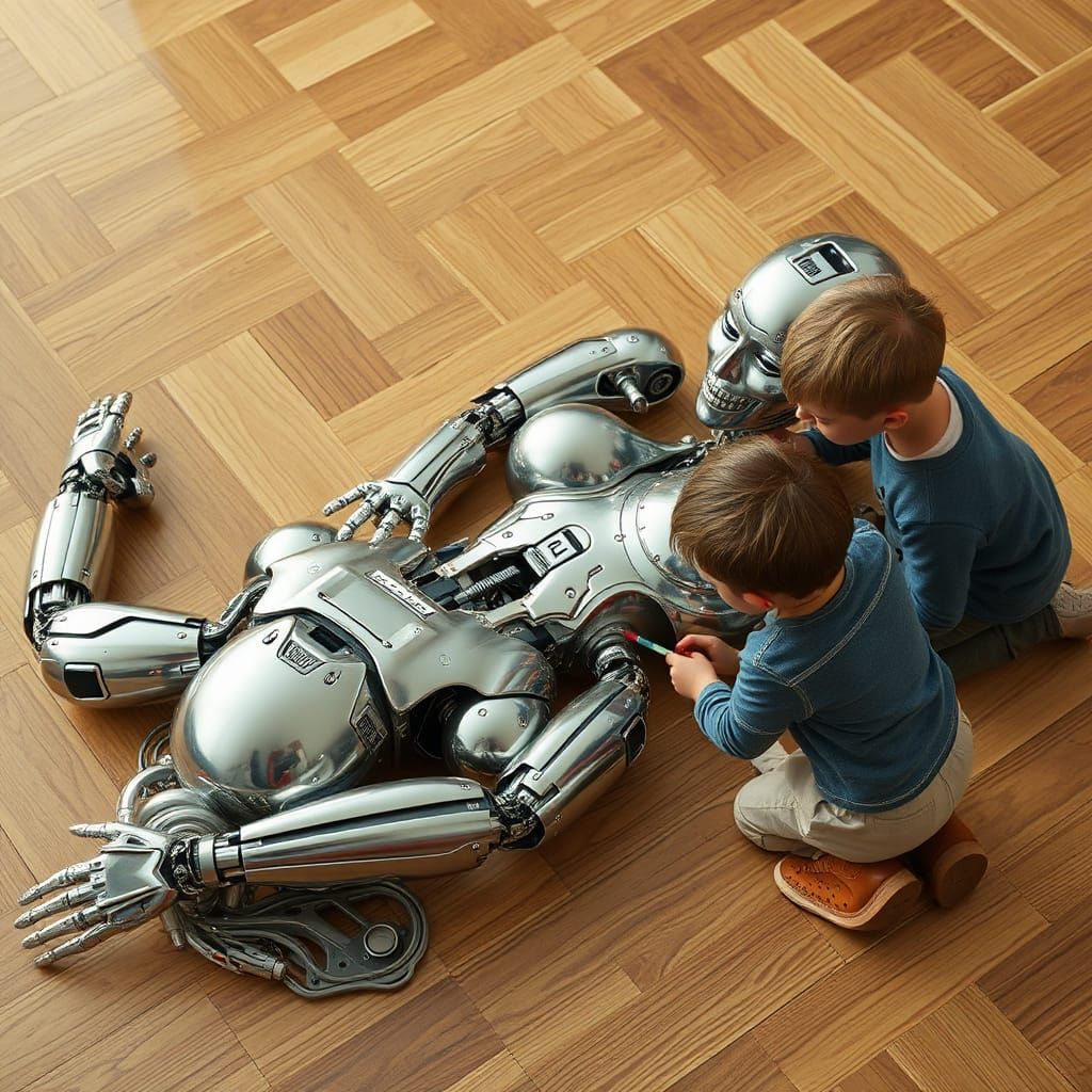 Boy Repairs Lifeless Robot Woman