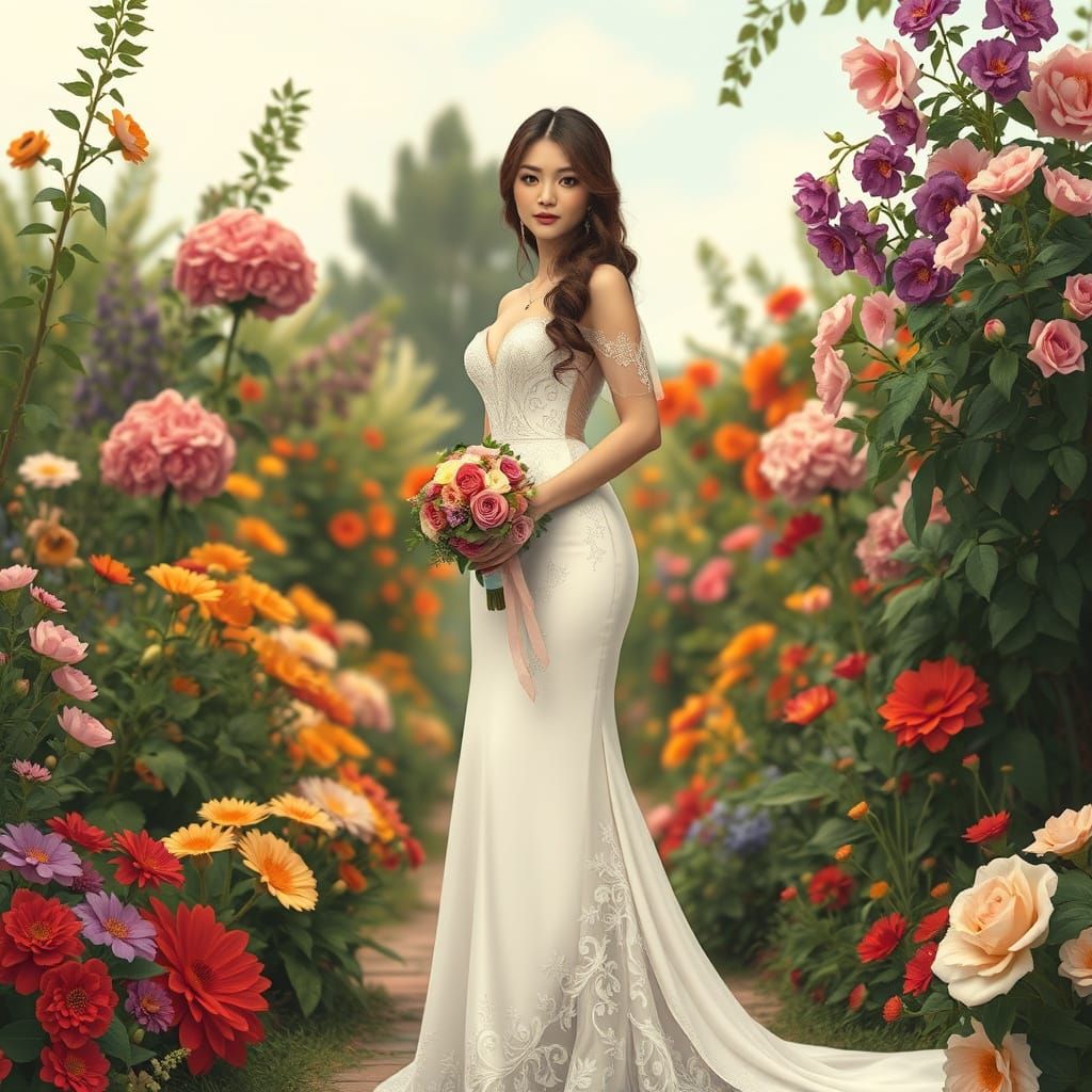Elegant Bride in Garden, Art Nouveau Style
