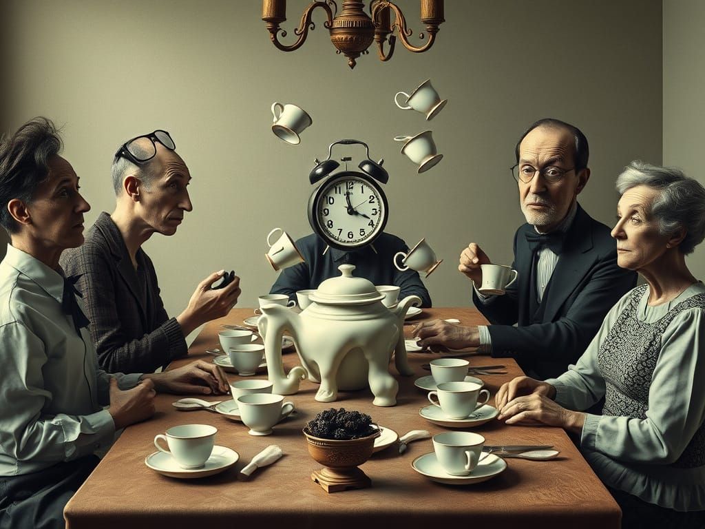 Surreal Family Dinner with Melting Clocks and Floating Teacu...