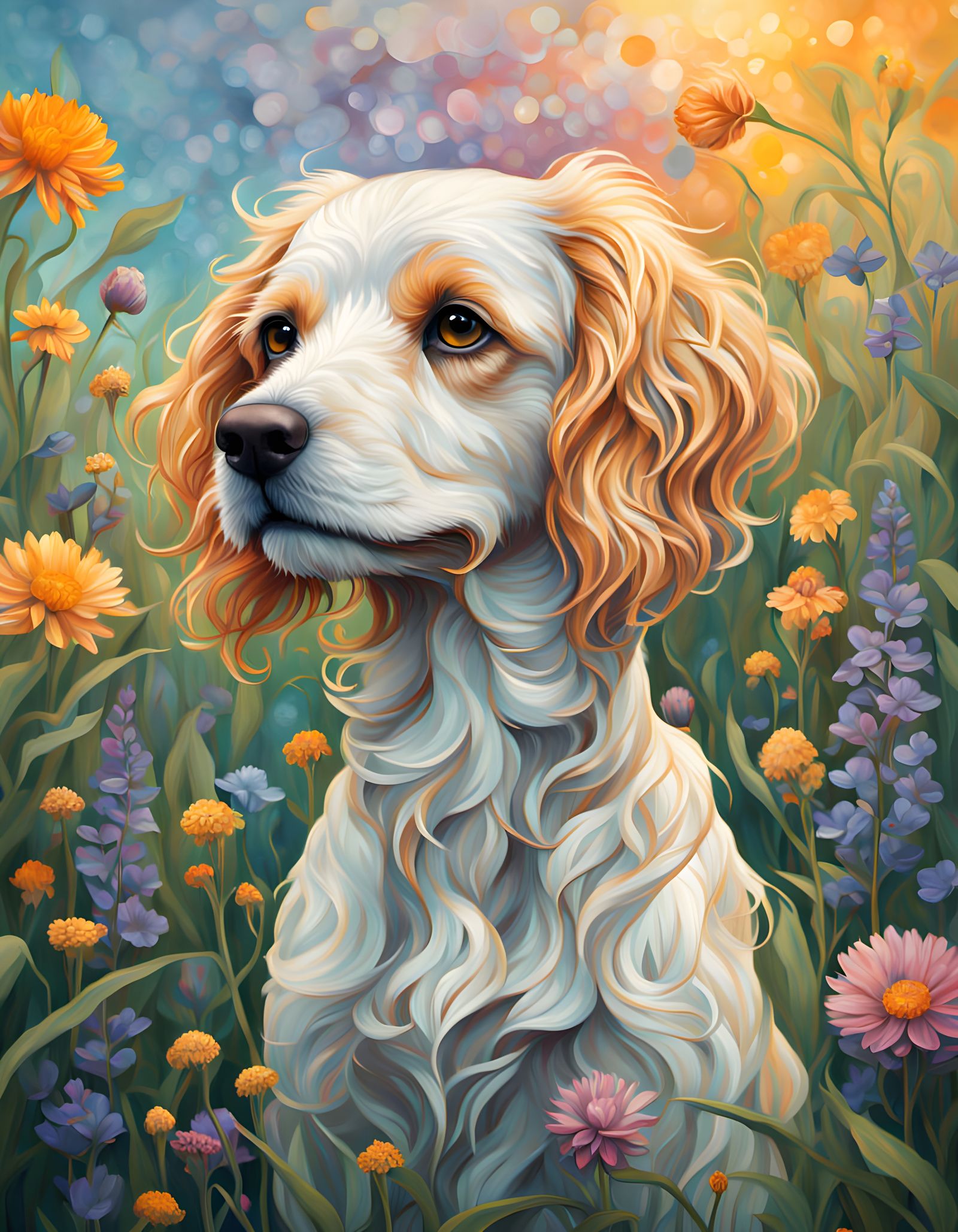 Golden Cockerpoo Amidst Whimsical Wildflowers