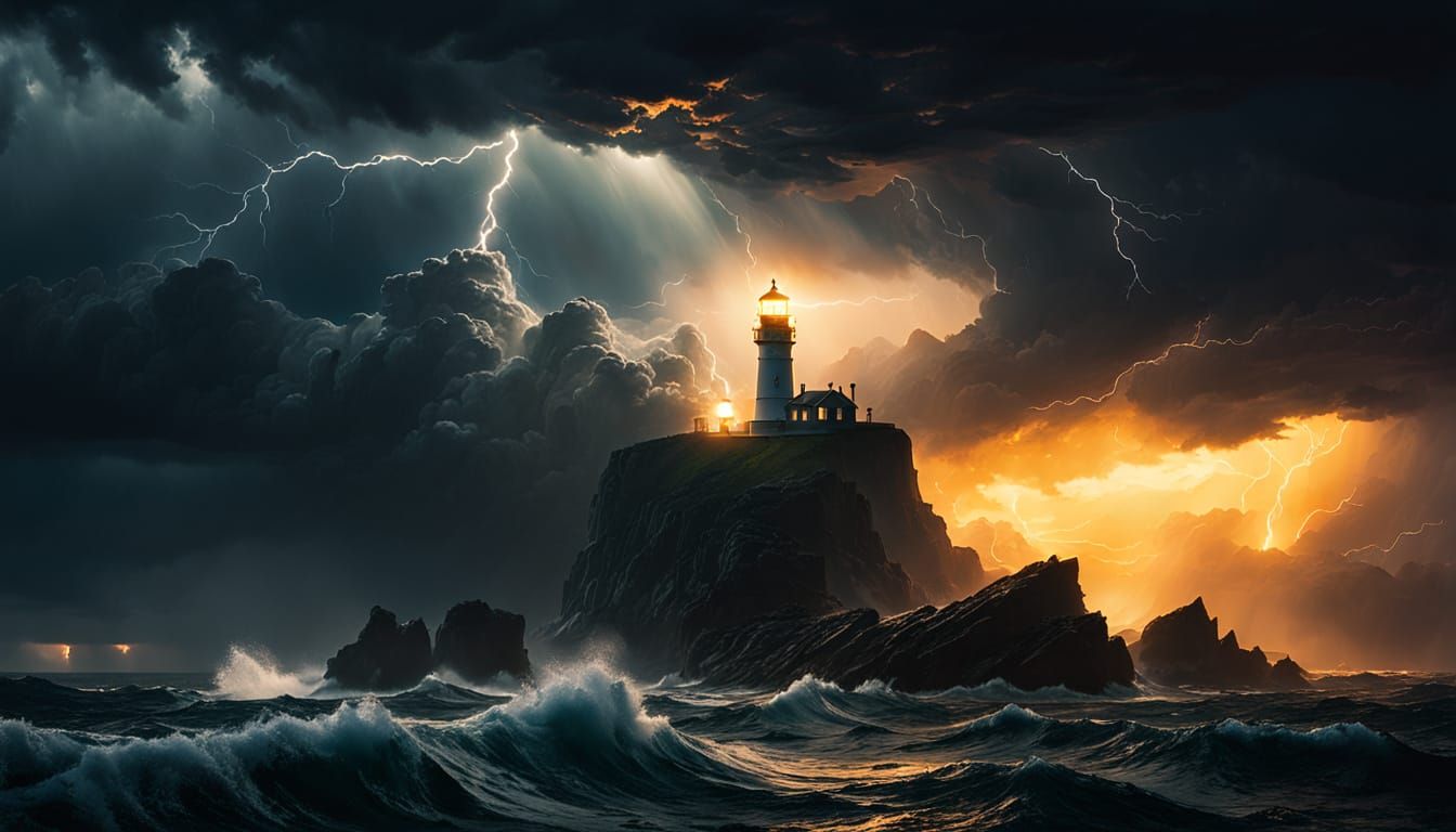 A raging ocean under a massive thunderstorm at sunset.