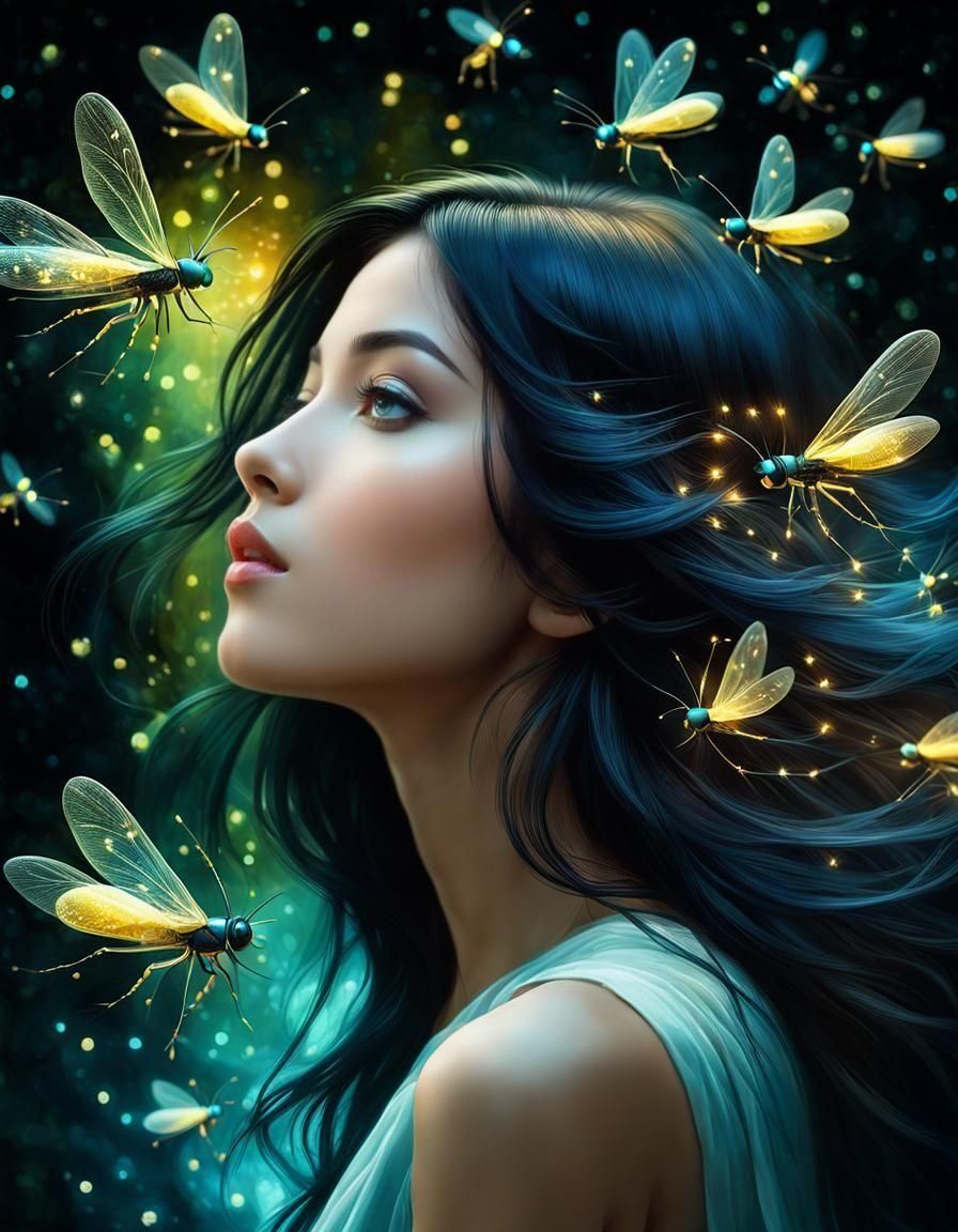 Beautiful Woman and Fireflies in Contemporary Surrealist Pai...
