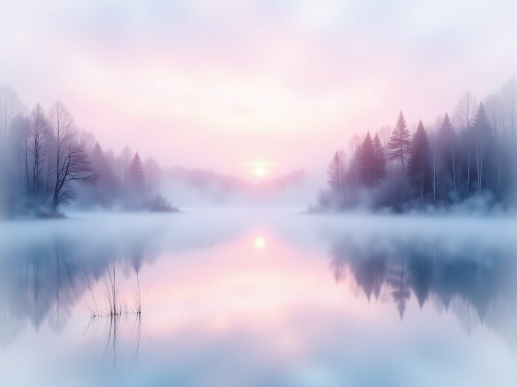 Serene Lake at Dawn in Ethereal Fog