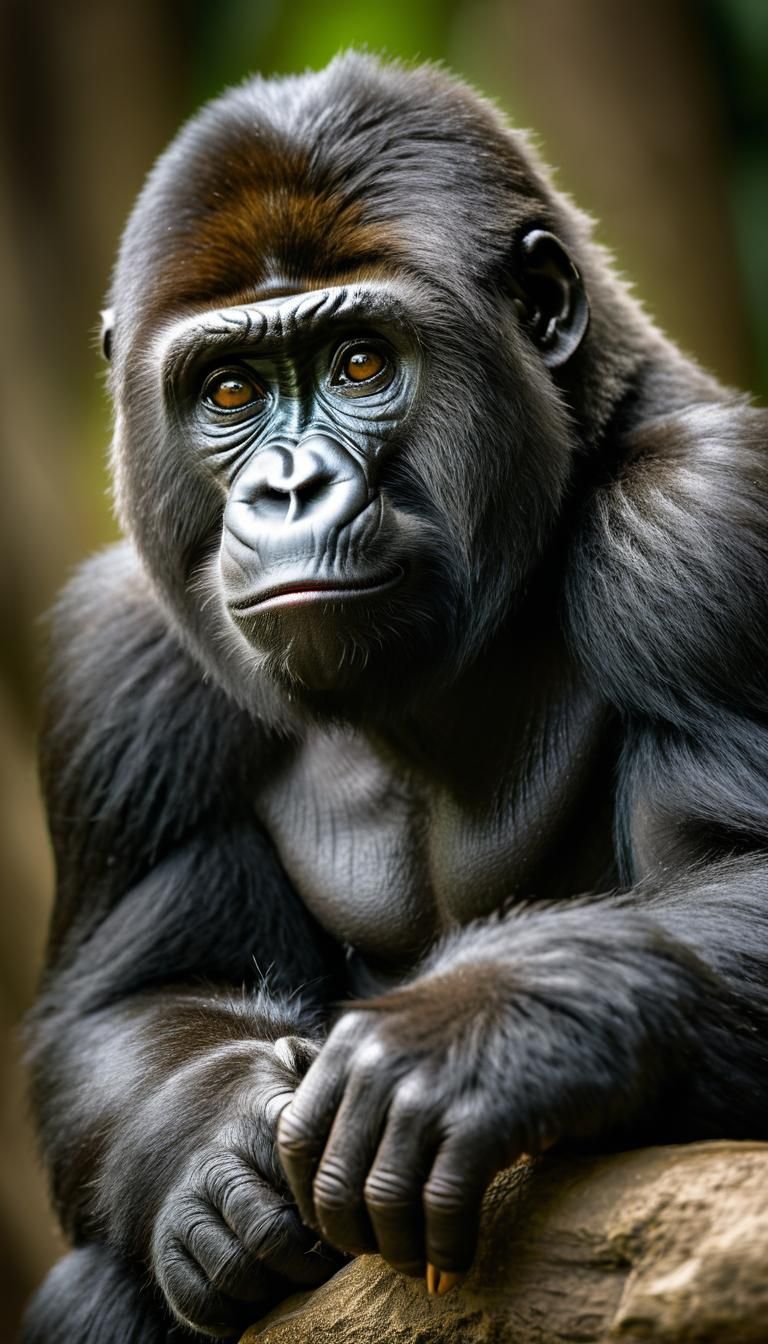 young gorilla, cute and adorable, with big eyes.
