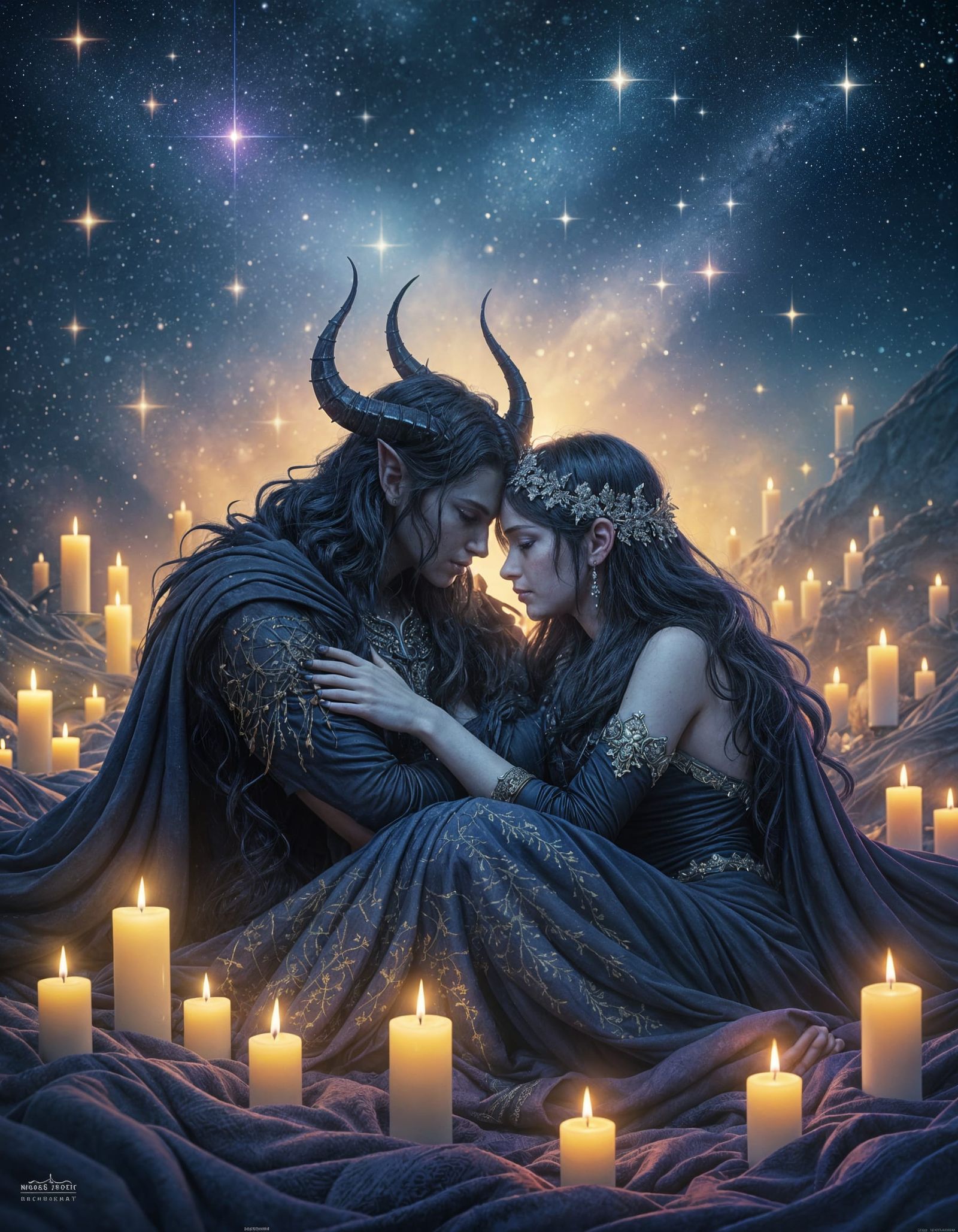 Nyx and Erebus Cuddling Under a Starry Sky