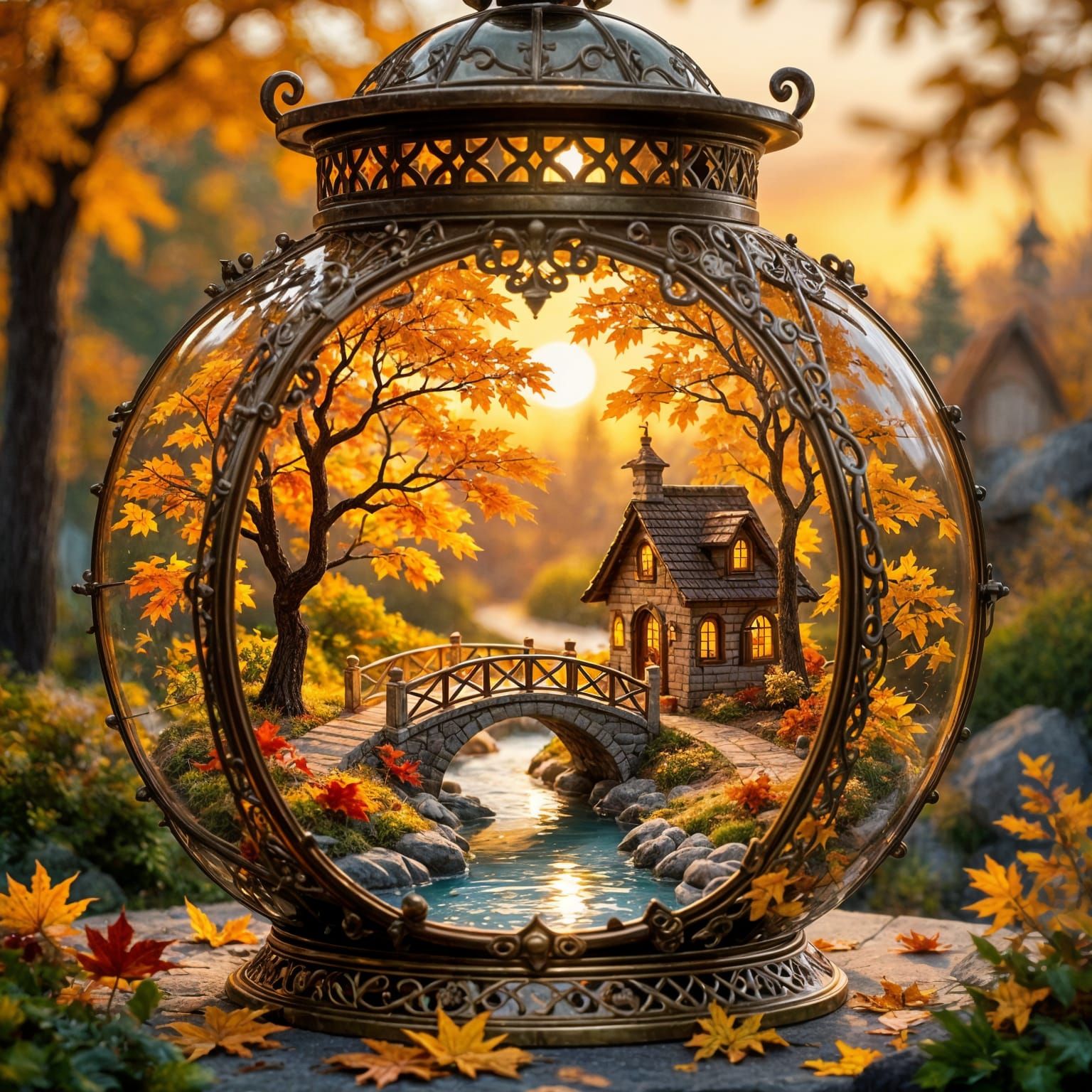 Miniature Autumn Village in Golden Lantern at Sunset