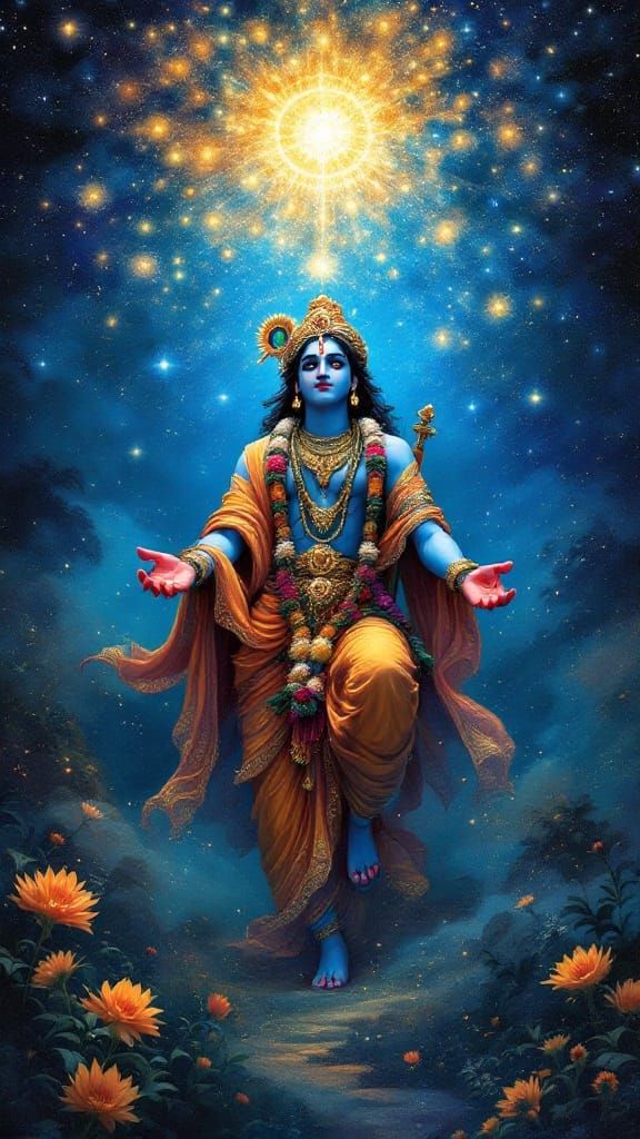 Krishna in a Vibrant, Mystical Celestial Realm