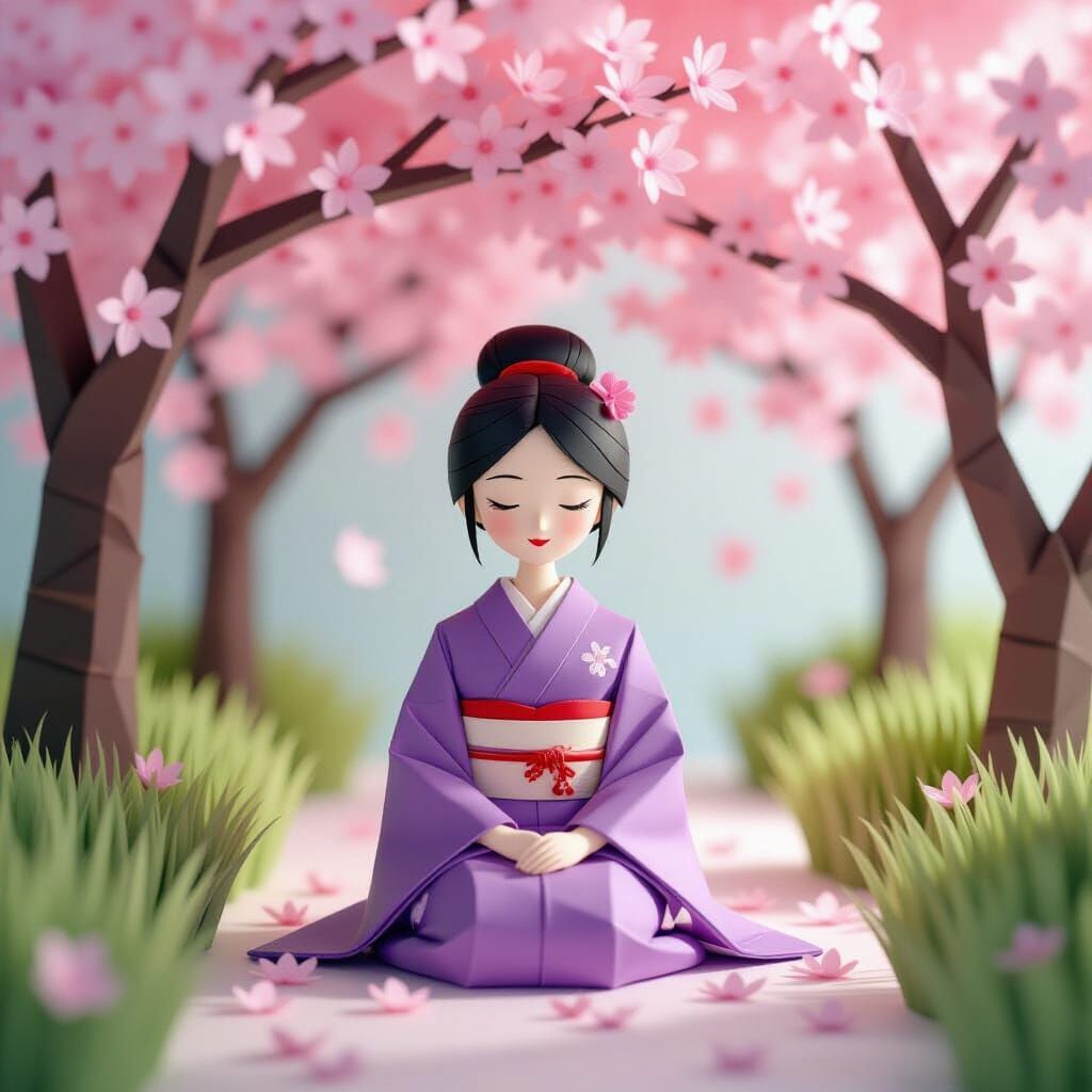 Origami Girl Under Cherry Blossoms in Pastel Tones