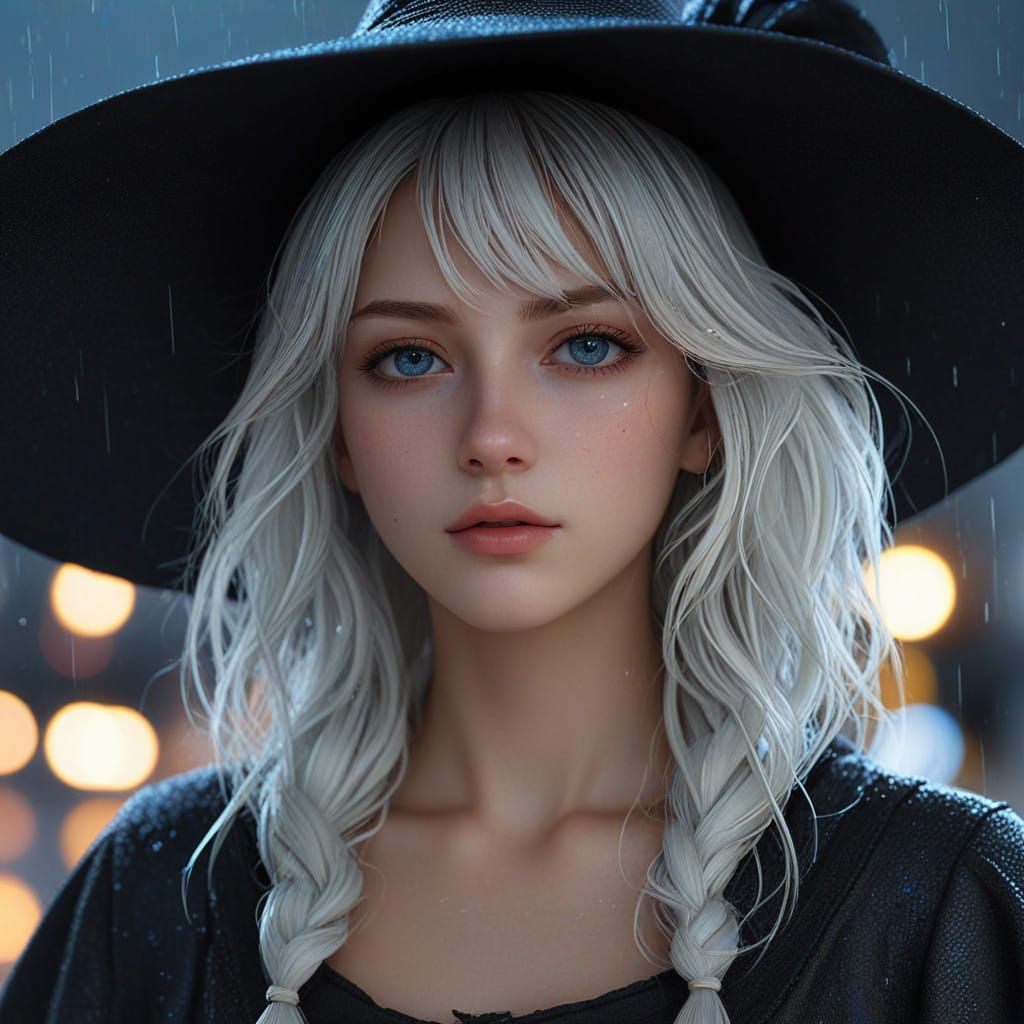 Serene Young Anime Witch Glows in Midnight Rain