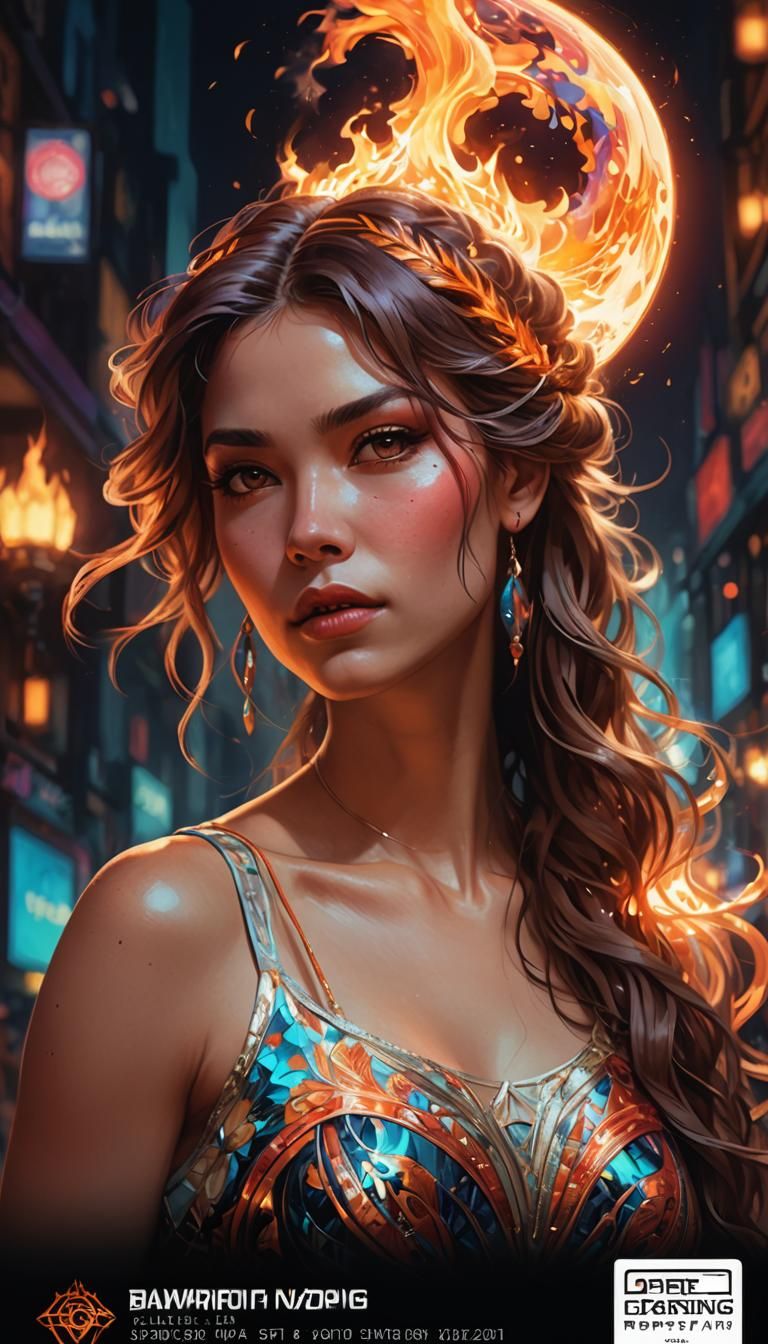 Moonlit Girl with Fire Hair: Hyper-Realistic Digital Art