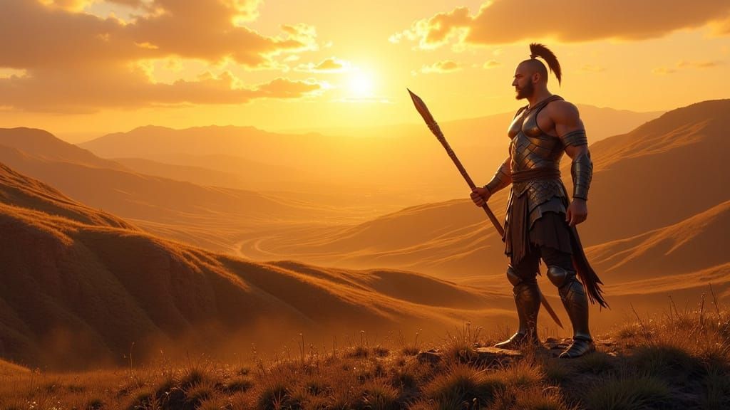 Biblical Scene: Israelites vs Goliath at Sunrise