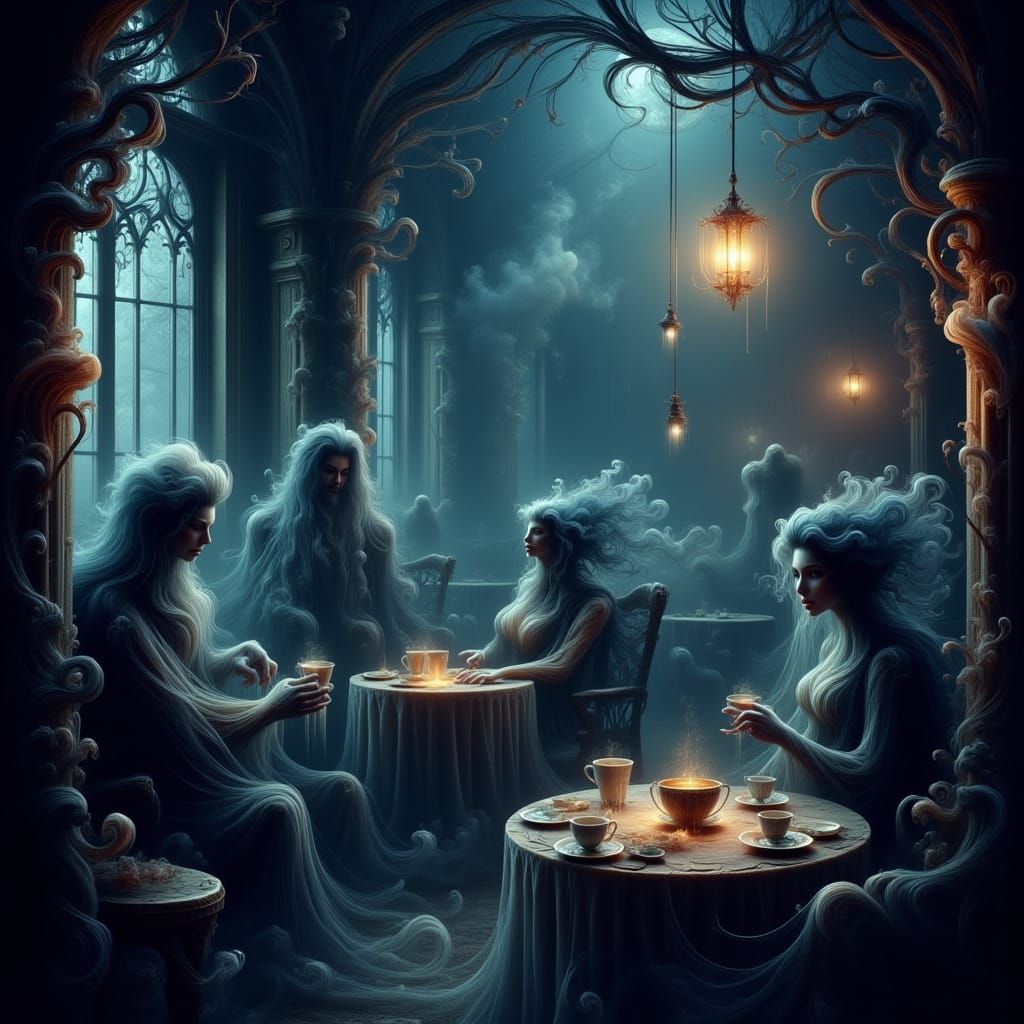 Eerie Moonlit Coffeehouse with Glowing Mugs