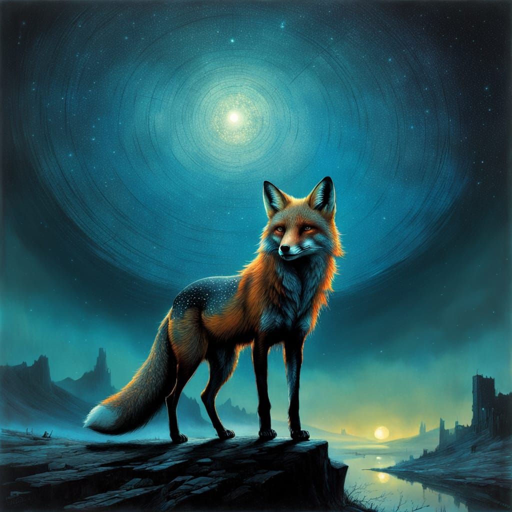 Dark Fantasy Fox Under Star Showers in Cool Tones