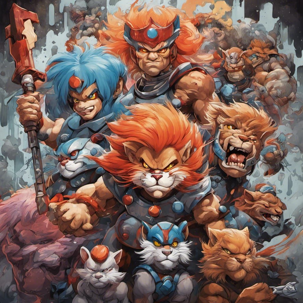 Characters from classic Thundercats cartoon , in the Japanese art style graffiti art, splash art, street art, spray pain...