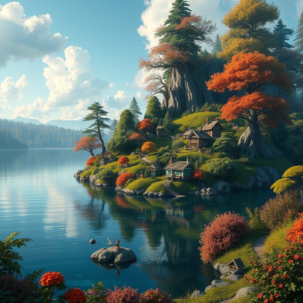 Enchanted Lake Oasis with Whimsical Fairy Houses