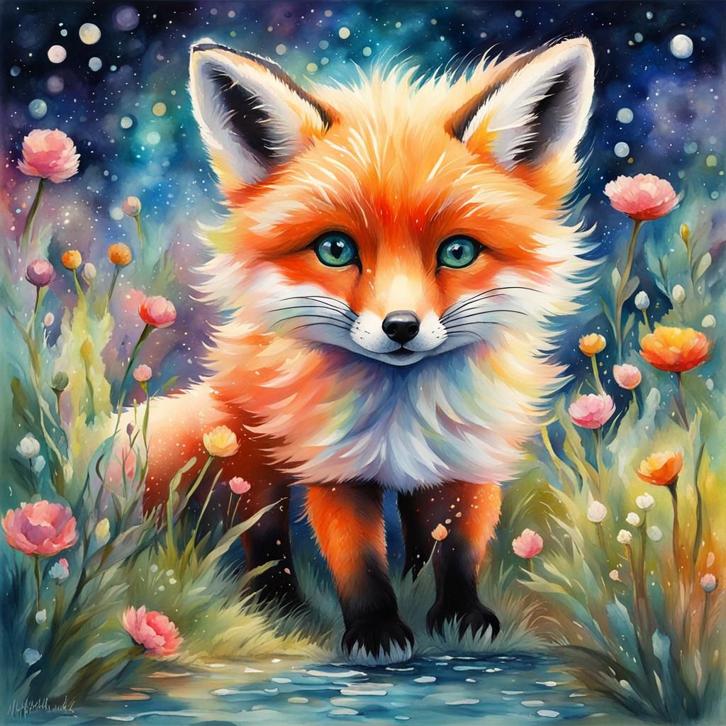 Cute Fantasy Fox in Watercolor Gouache Style
